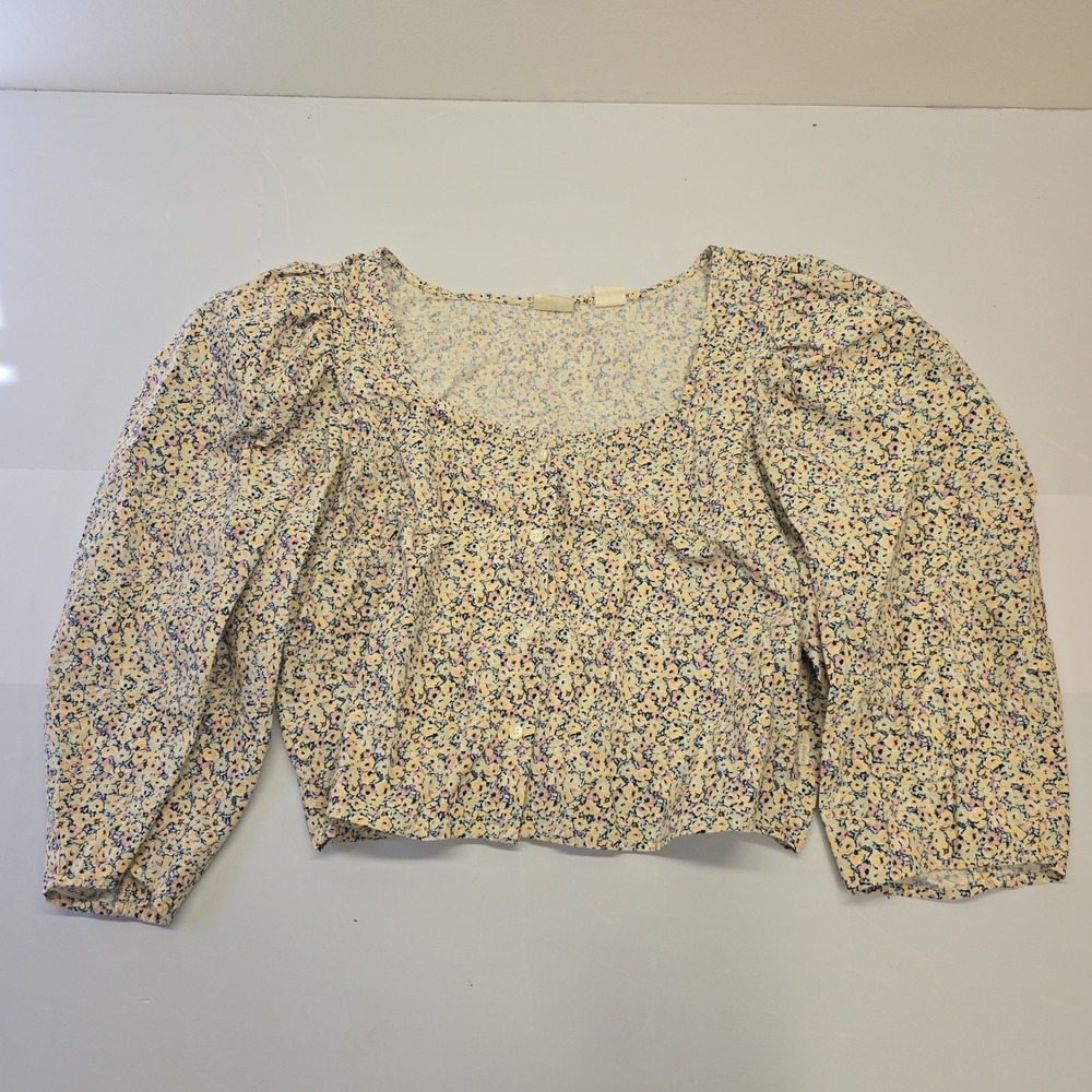 Levis Womens XL Floral Puff Sleeve Square Neck Button Front Blouse Yellow Cotton